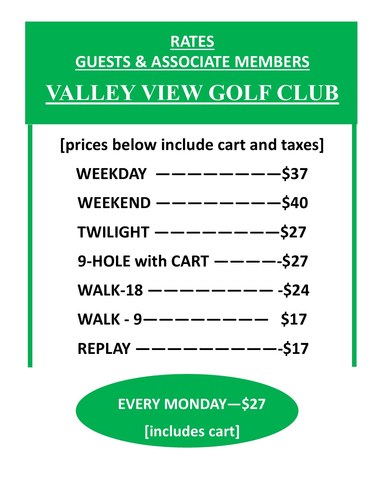 2022rates Valley View Golf Club